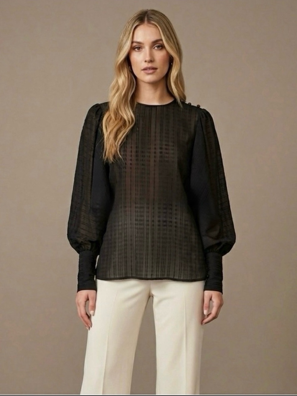 Vtg 70s Harry-Laure Paris Sheer Black Grid Bishop Sleeve Gauntlet Cuff Blouse